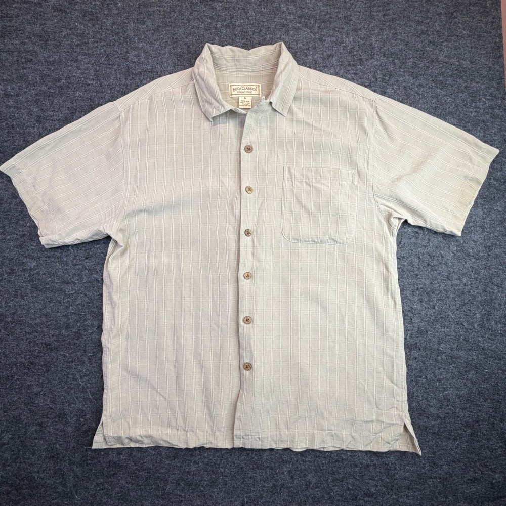 Boca Classics Button Down Shirt Mens Medium Tan 100% Silk Island Wear Windowpane